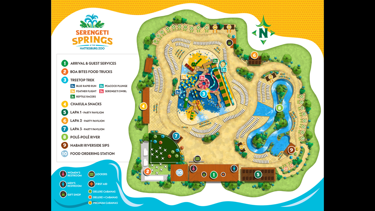 The map of Serengeti Springs waterpark shows the location of the nine waterslides and the lazy river with swim-up bar.