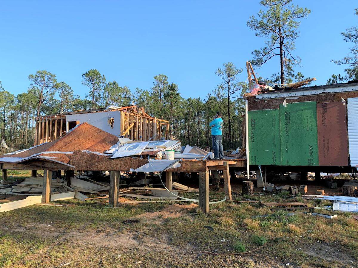A trailer home on Fox Ridge Road in Vancleave was split after a tornado touched down and damaged several trailer homes.