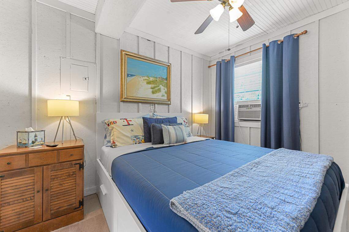 The bedroom in the downstairs apartment in a building behind the Breezy Porches house in Waveland. The apartments are available as short-term rentals, as is the house.
