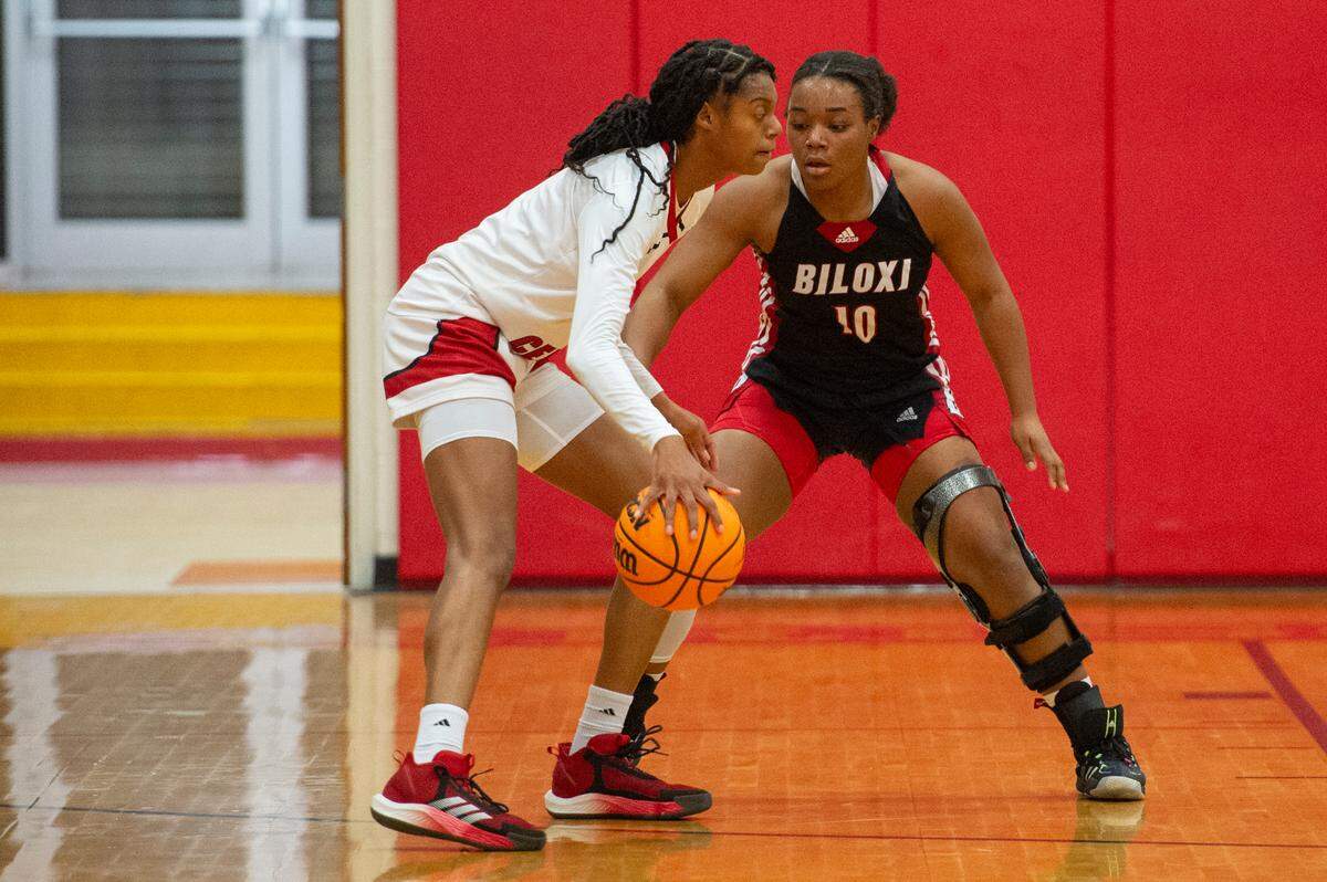 Biloxi’s Aubrey Hill defends the ball during a game against Harrison Central at Harrison Central High School in Harrison County on Tuesday, Dec. 12, 2023.