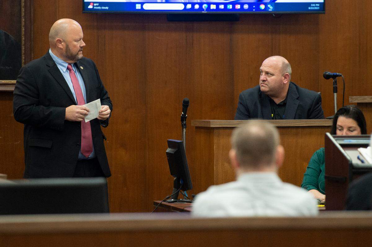 Assistant District Attorney George Huffman questions Waffle House District Manager Floyd Virgil on the witness stand during day one of the trial of Johnny Max Mount for the 2015 murder of Julie Brightwell in Harrison County Court in Biloxi on Tuesday, June 13, 2023.