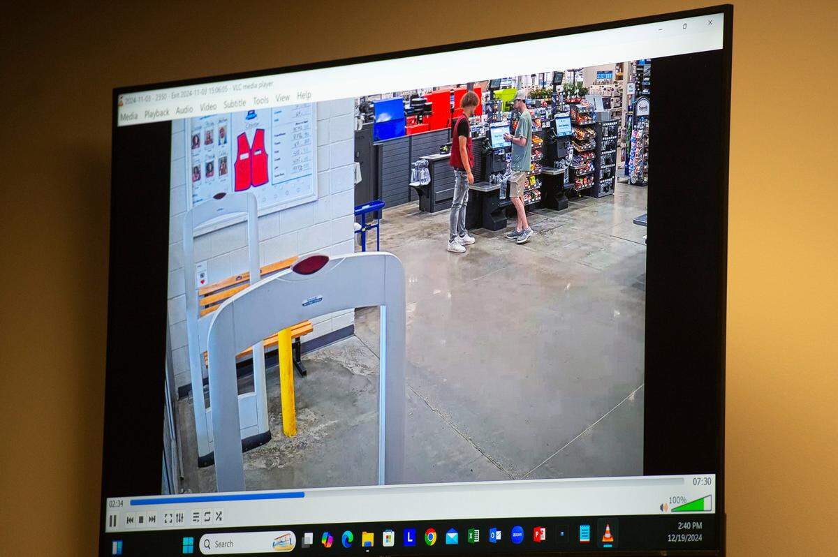 A video shown during Alan Moran’s revocation hearing at Harrison County Circuit Court in Gulfport on Thursday, Dec. 19, 2024, allegedly shows Moran talking with the man he is accused of stalking.