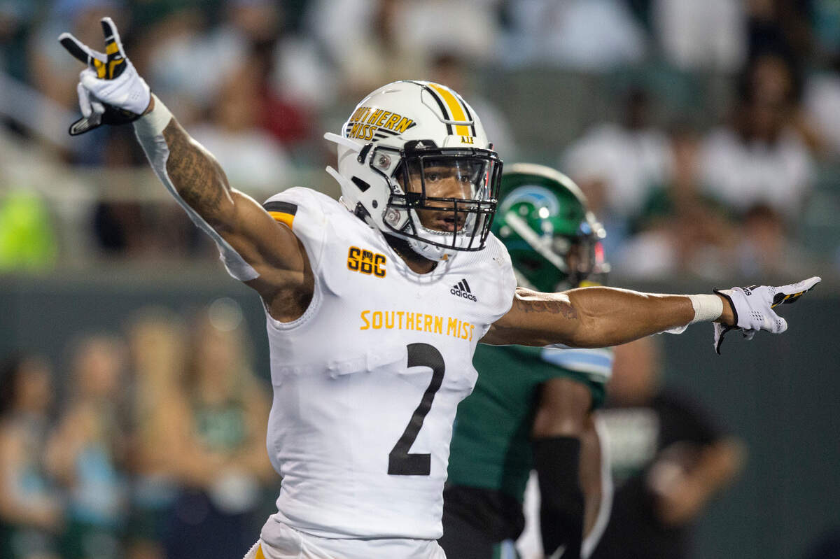 Southern Miss Golden Eagles defensive back Eric Scott Jr. (2) celebrates after knocking away Tulane’s touchdown pass during a game against Tulane at Yulman Stadium in New Orleans on Saturday, Sept. 24, 2022.