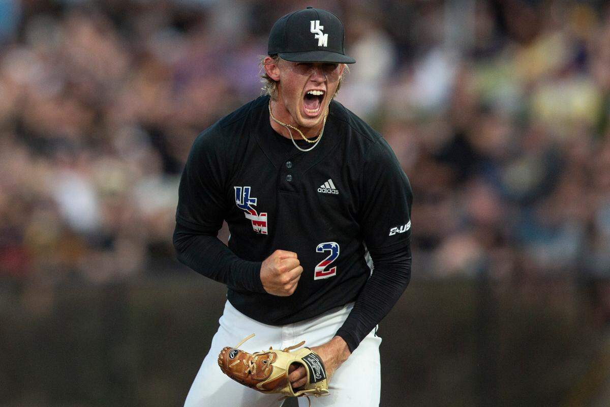 Hurston Waldrep celebrates after striking out an LSU player during Game Four of NCAA Regionals at Pete Taylor Park in Hattiesburg on Saturday, June 4, 2022.