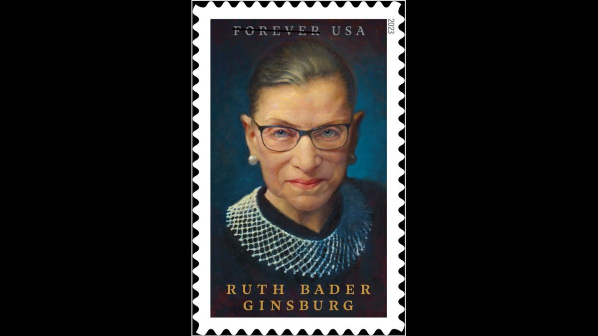 This image provided by the U.S. Postal Service shows the late Supreme Court Justice Ruth Bader Ginsburg. The U.S. Postal Service is honoring her as “an icon of American culture” with a stamp in the new year, seen in this rendering released by the agency on Monday, Oct. 24, 2022, in Washington, D.C. (U.S. Postal Service via AP)