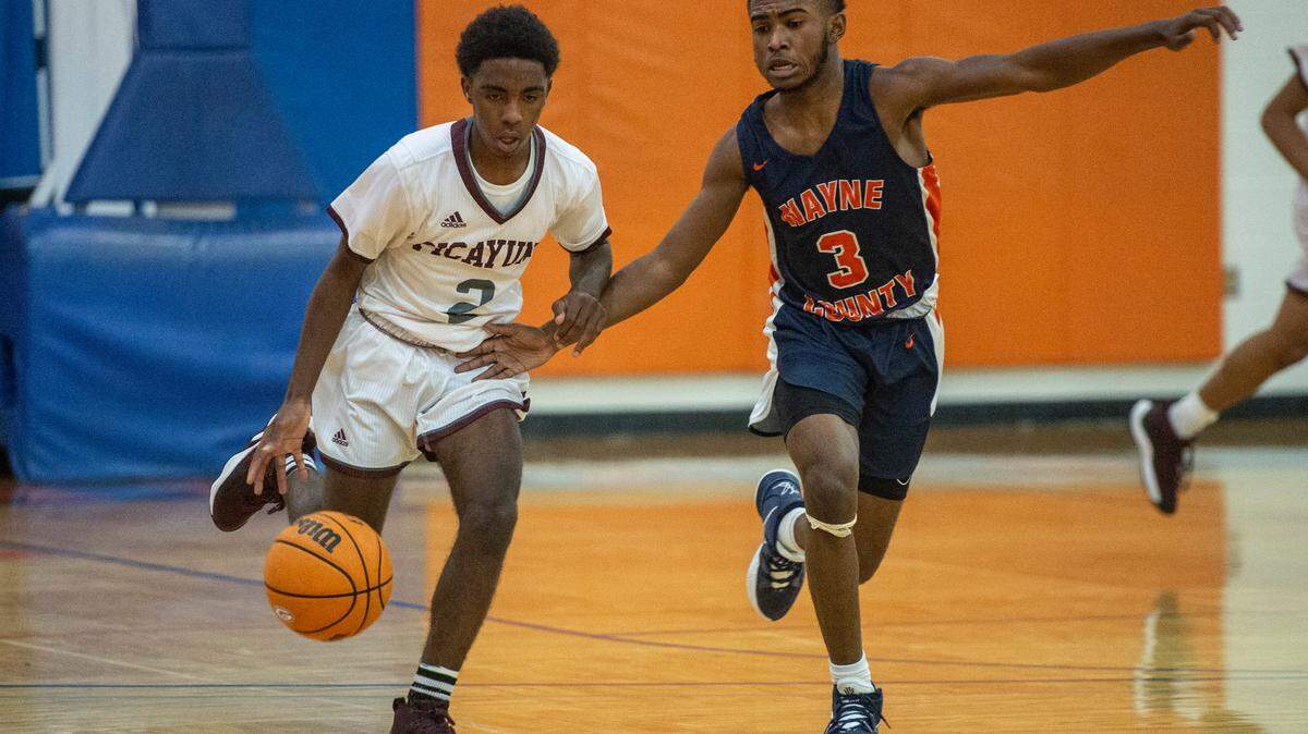 Picayune’s Josh Holmes dribbles the ball down the court during a matchup with Wayne County during the Adidas Holiday Classic at Gulfport High School in Gulfport on Tuesday, Dec. 28, 2021.