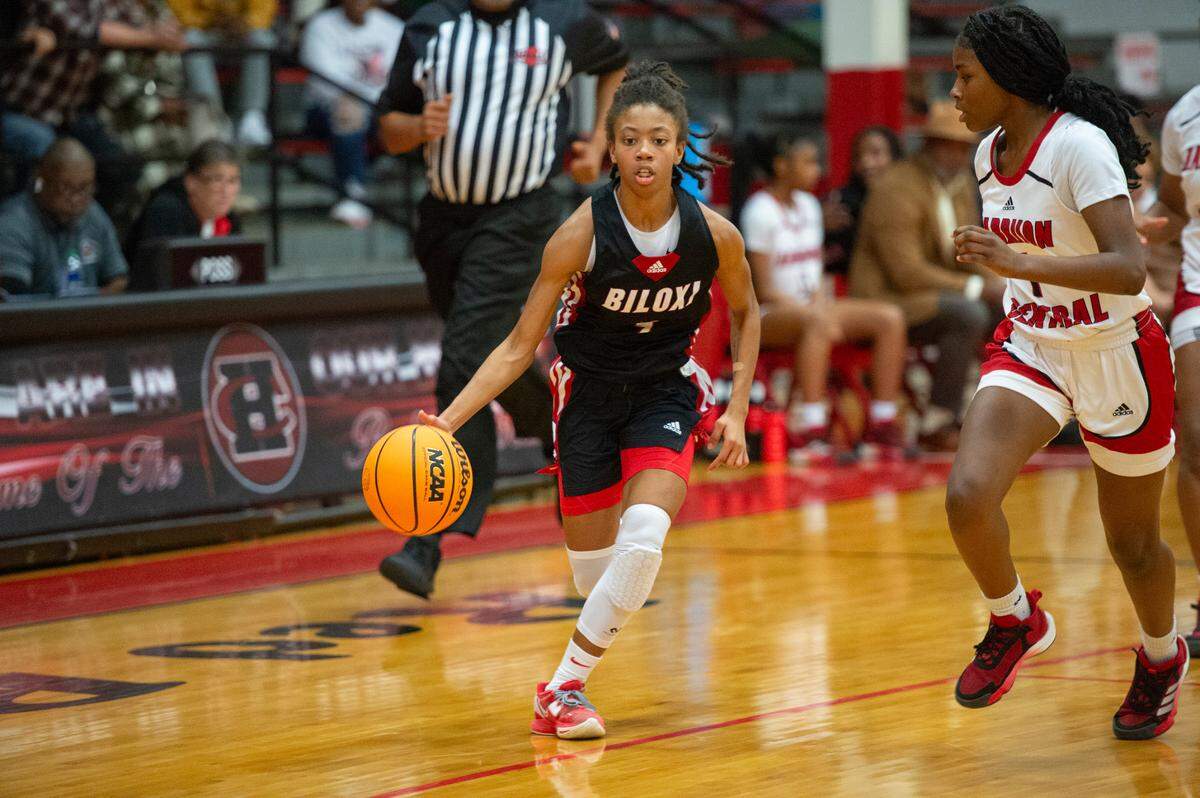Biloxi’s Aaliyah Davison dribbles the ball down the court during a game against Harrison Central at Harrison Central High School in Harrison County on Tuesday, Dec. 12, 2023.