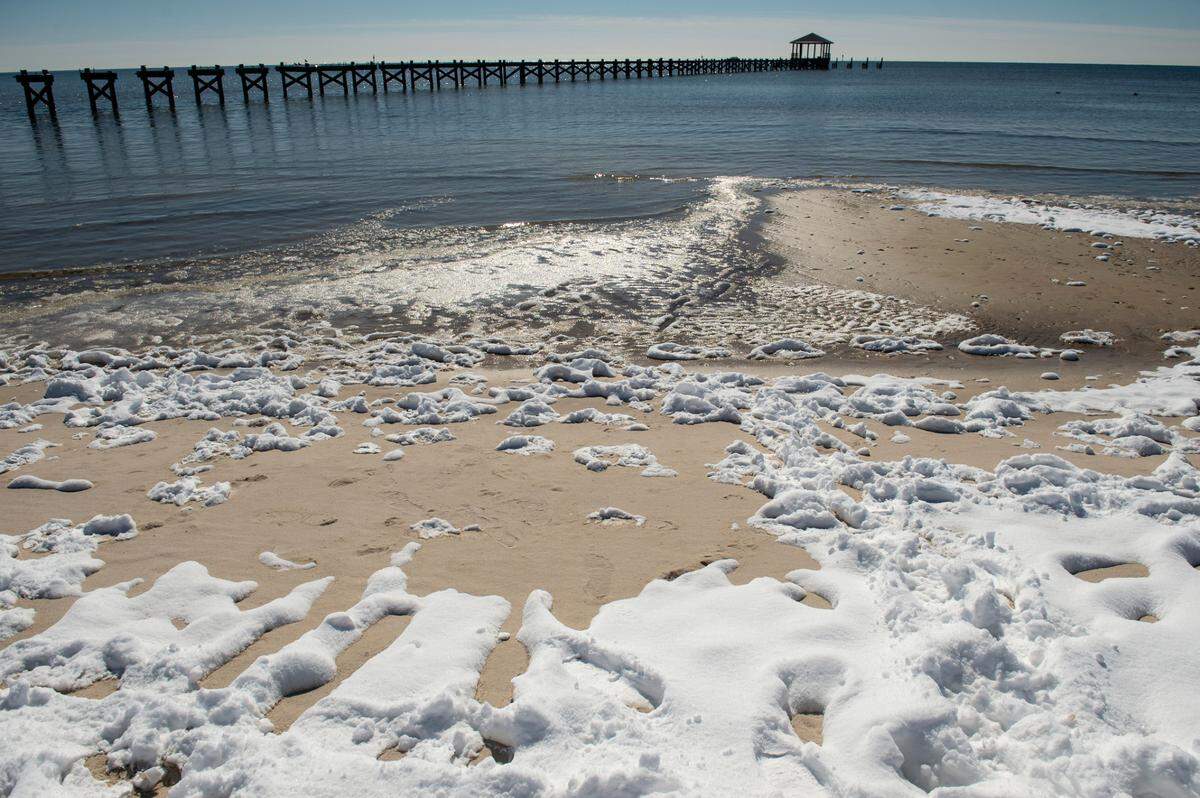 The snow is melting Wednesday, Jan. 22, 2025, on Biloxi Beach.