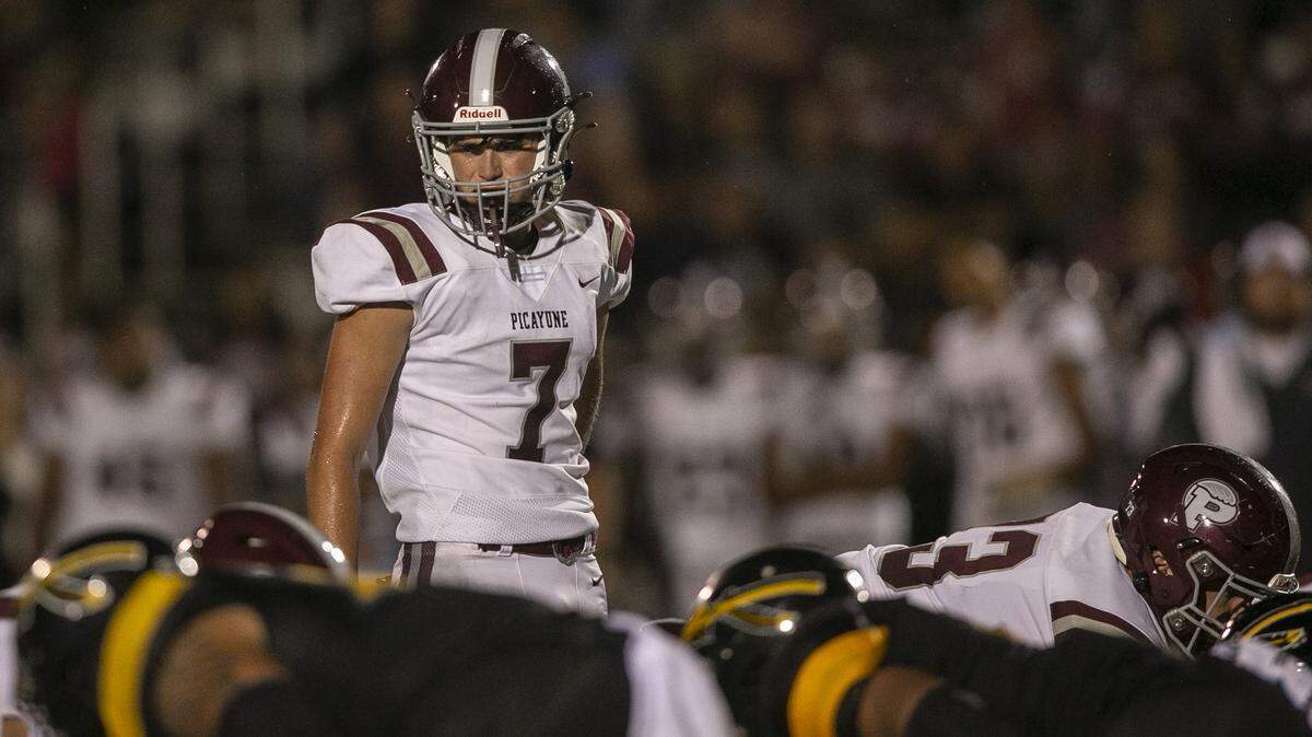 Picayune quarterback Dawson Underwood prepares for the snap during the D’Iberville versus Picayune game at D’Iberville Stadium on Friday, Sept. 17, 2021.