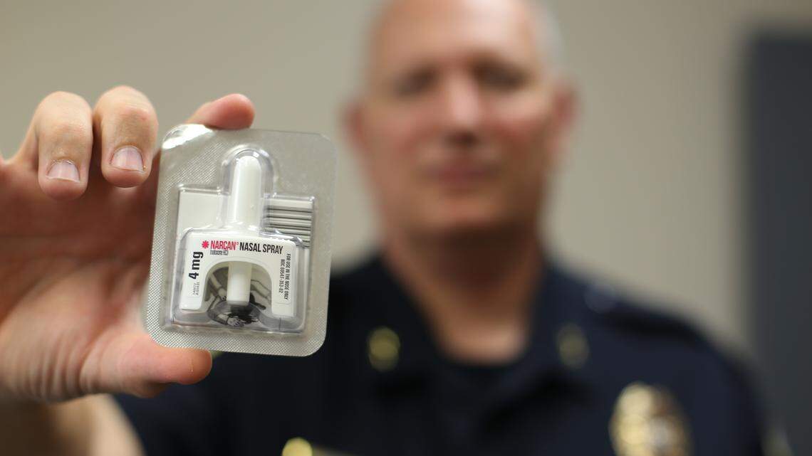 Long Beach Police Cmdr. Damian McRight holds a bottle of Narcan nasal spray on Tuesday, June 18, 2018. The spray is used to help save people who have overdosed on opioids. Police and deputies around the state are being trained to use Narcan and are receiving free supplies through the grant-funded Stand Up, Mississippi.