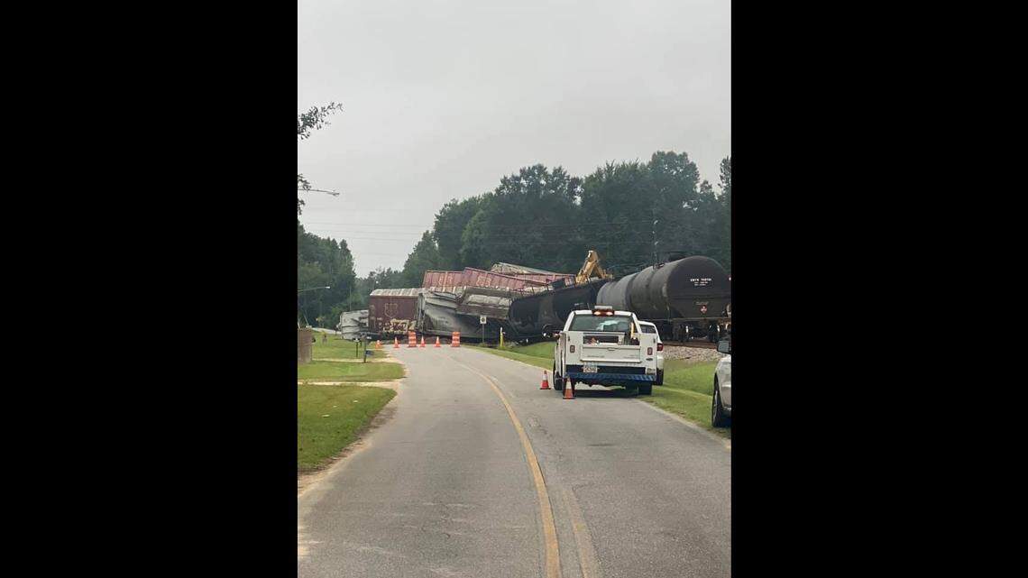More than 30 train cars are blocking a roadway after a train derailed in central Georgia early Monday, according to authorities.