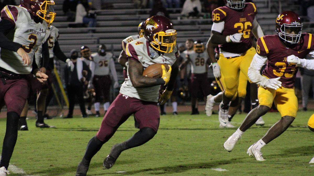 Pearl River running back Chris Holifield looks for positive yardage against Jones College in Ellisville on Oct. 29, 2020.