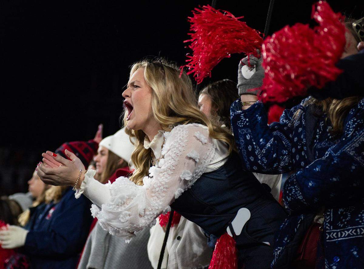 Mississippi 20-year-old sophomore Georgia Sink cheers during the Egg Bowl game against Mississippi State at Vaught-Hemingway Stadium on Friday, Nov. 29, 2024.