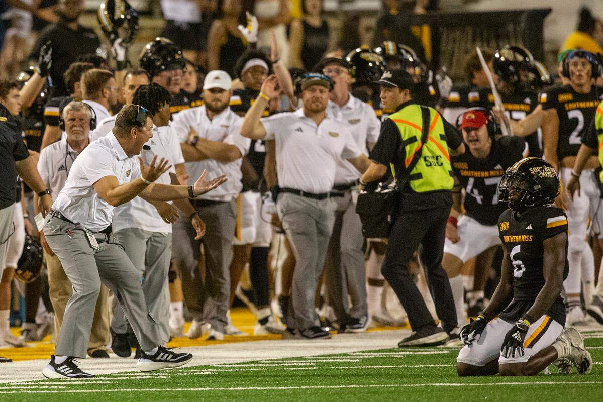 Southern Miss Coach Will Hall reacts after Southern Miss Golden Eagles wide receiver Latreal Jones (6) misses a pass during a game against Texas State at M.M. Roberts Stadium in Hattiesburg on Saturday, Sept. 30, 2023.