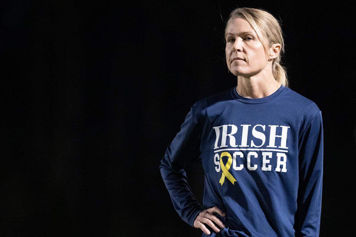 St. Patrick head coach Angela McClure walks the sideline during a soccer game at St. Patrick Catholic High School on Feb. 17, 2026