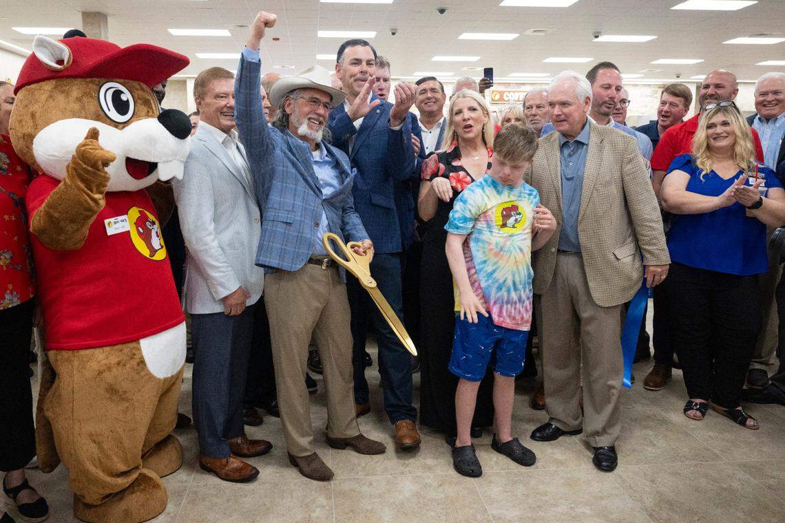Buc-ee’s owner and founder Arch “Beaver” Aplin III waves to a crowd during a ribbon cutting ceremony for Mississippi’s Buc-ee’s in Harrison County on Monday, June 9, 2025.