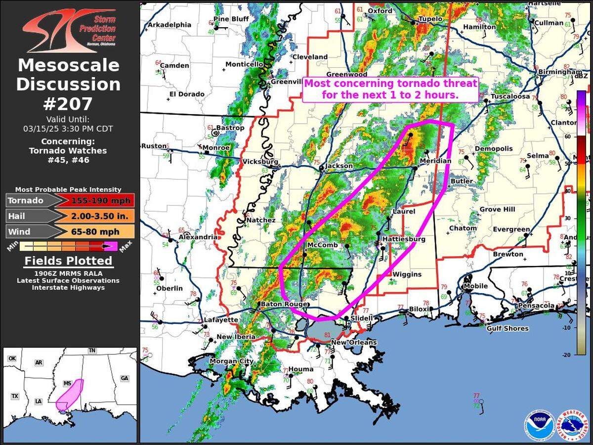 The current threat of tornadoes across Mississippi.