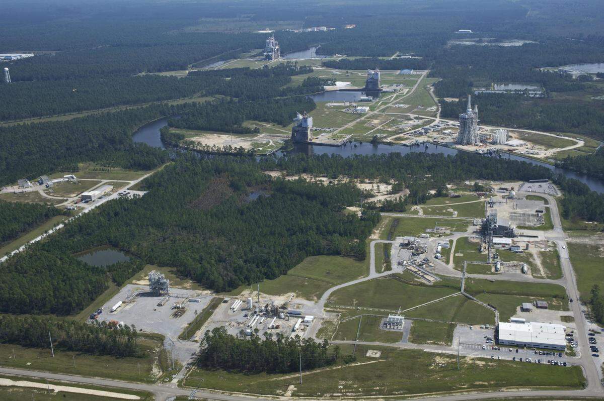 The E Test Complex at NASA Stennis, pictured in the foreground, contains three facilities for testing small rocket engines and parts, according to a recent audit. The Rocket Test Propulsion Program is focusing on the complex as it adapts to the role of private space companies in its future.