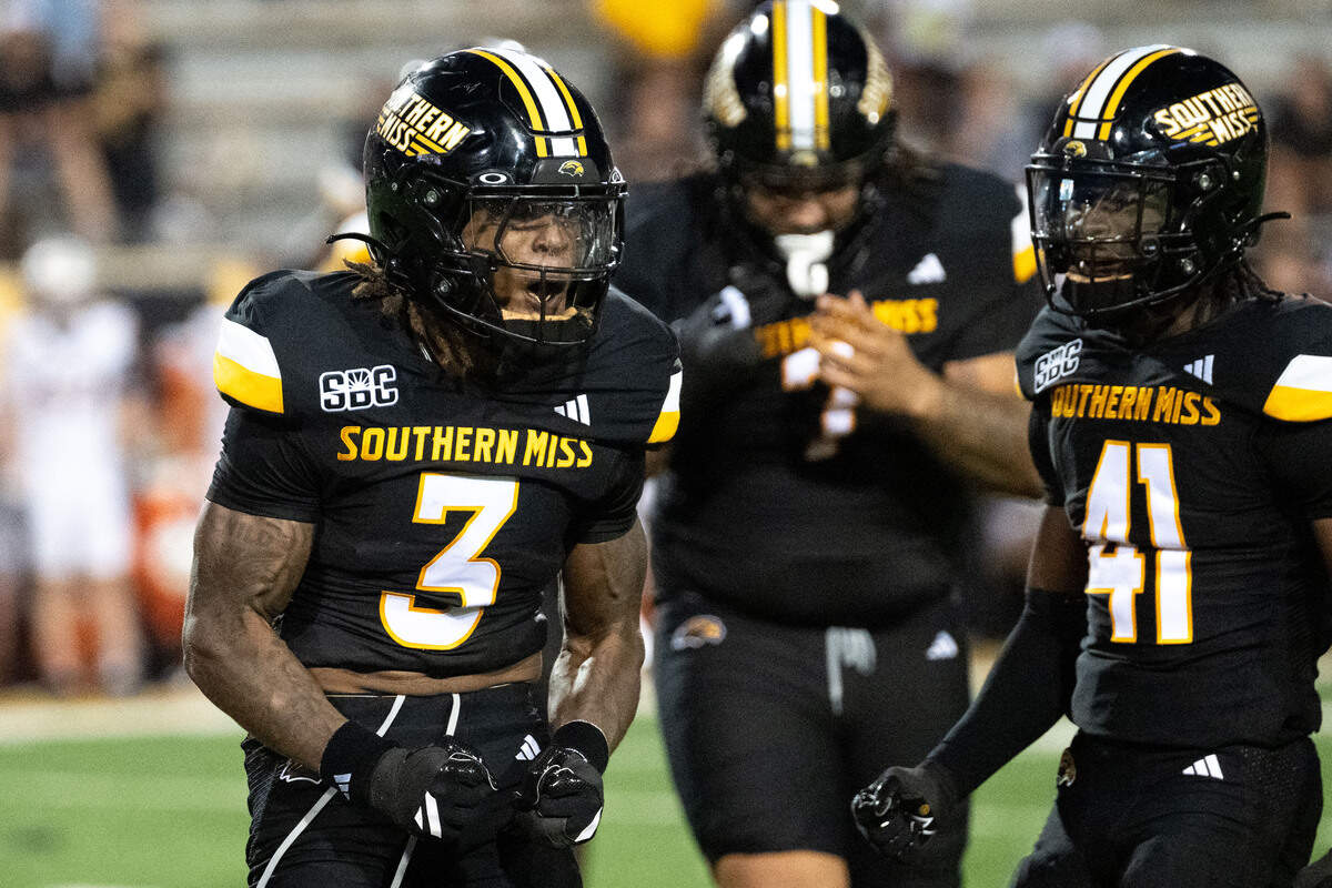 Southern Miss safety Ian Foster (3) celebrates a pass break up during a football game at M. M. Roberts Stadium on Saturday, Sept. 13, 2025.