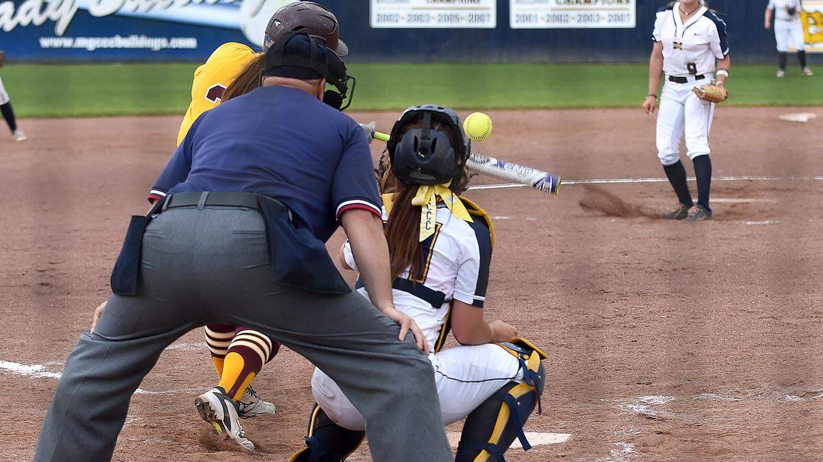 RICH KOPP/MGCCC 
 Kaitlin Lee strikes out a Pearl River player. Lee has won her fourth MACJC weekly award this season.