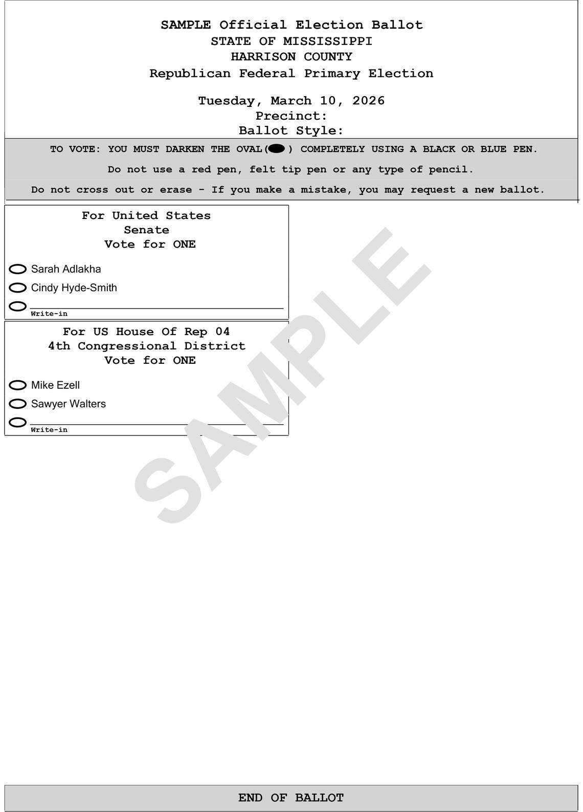 Sample ballot for the Republican primary election in Harrison County on March 10, 2026.