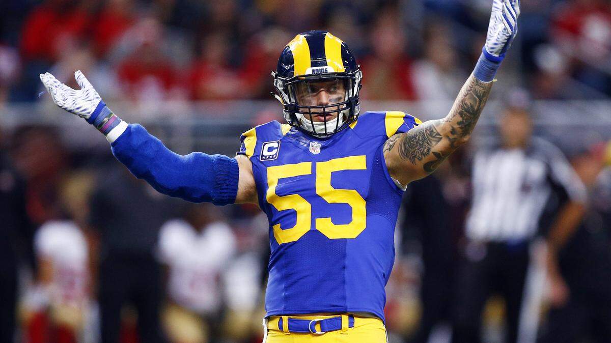 FILE - In this Sunday, Nov. 1, 2015 file photo, St. Louis Rams middle linebacker James Laurinaitis celebrates during the fourth quarter of an NFL football game against the San Francisco 49ers in St. Louis. Middle linebacker James Laurinaitis gets quizzed constantly by family members and friends who want the insider information about whether heíll be playing in Los Angeles next season. He has empathy for a frustrated, dwindling fan base. Others on the team aren't shying away from the emotions attached to the home finale Thursday night, Dec. 17, 2015 against the Tampa Bay Buccaneers. (AP Photo/Billy Hurst, File)