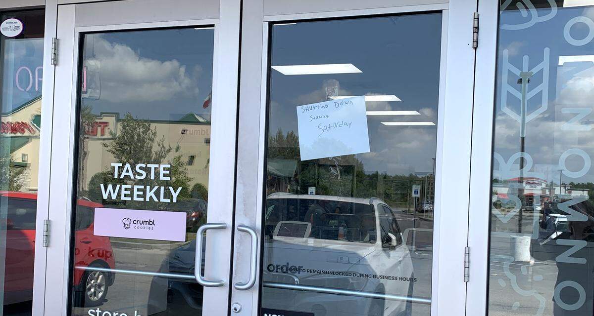 A sign on the door of Crumbl Cookies in Gulfport says Saturday, Sept.13, is the last day to get their cookies before the store closes.