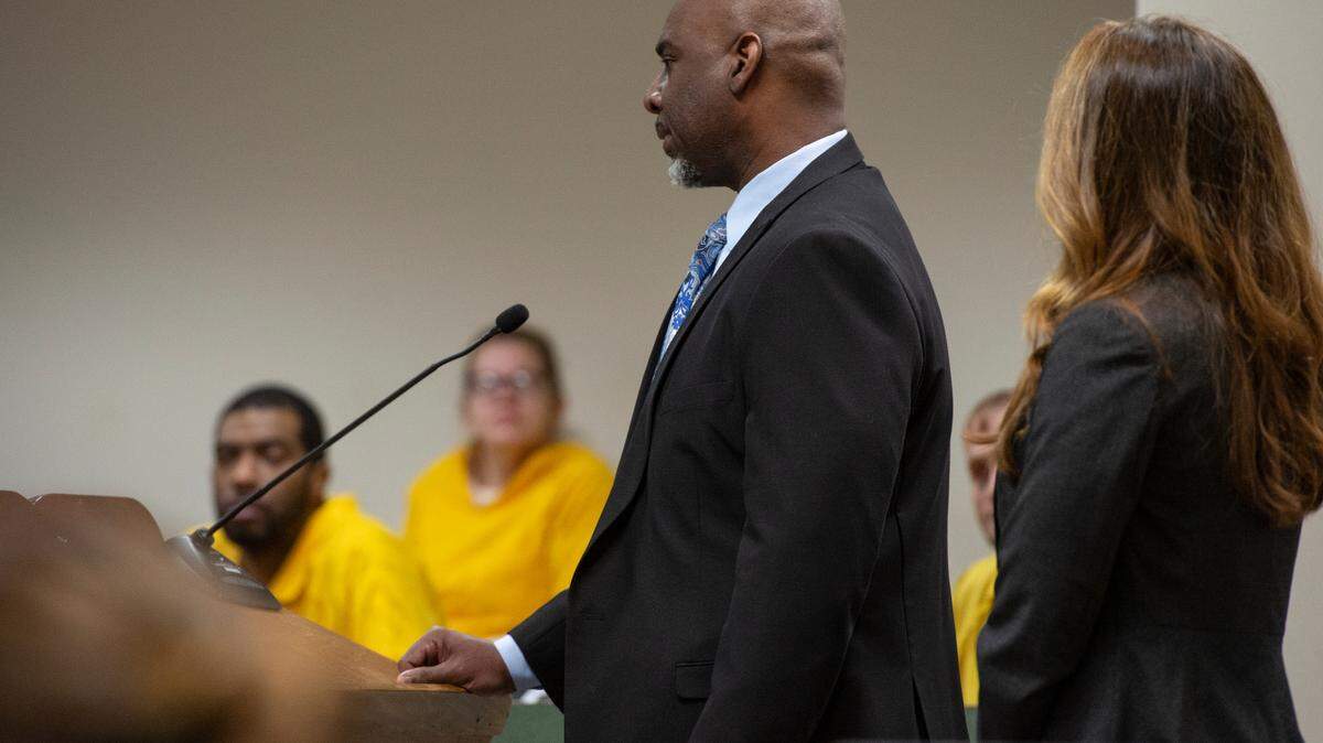 Johnny Jefferson Jr., a former law enforcement officer with the Jackson County Sheriff’s Department assigned to the South Mississippi Metro Enforcement Team, pleads guilty to one count of embezzlement at the Jackson County Courthouse in Pascagoula on Friday.