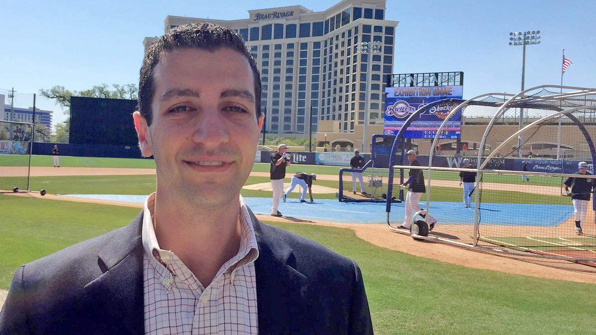 PATRICK OCHS/SUN HERALDNew Milwaukee Brewers general manager David Stearns was in Biloxi for Saturday's exhibition against the Double-A Shuckers.