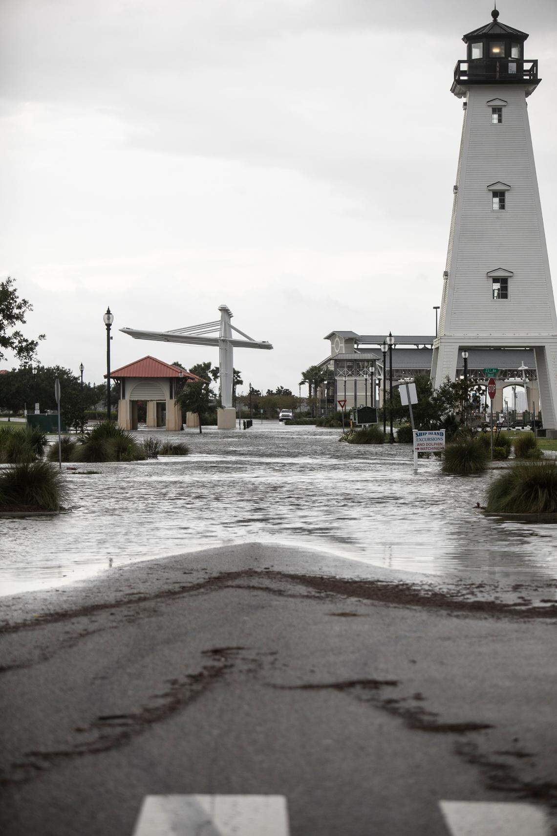 Jones Park in Gulfport was flooded with storm surge before rain began falling on Sunday, ahead of Hurricane Ida’s landfall.
