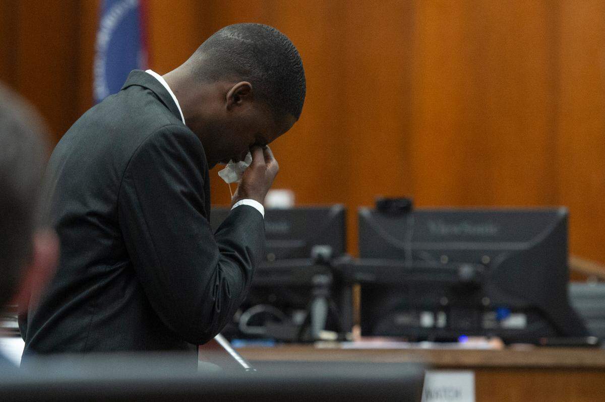 Izaun Baxter cries as he addresses the family of Kevin North Jr. and Ollie Armstrong, a grandmother and child who were killed in an accident with Baxter in 2020, during Baxter’s guilty plea in Harrison County Circuit Court in Biloxi on Tuesday, March 12, 2024. Baxter was sentenced to 20 years, 10 to serve in prison and 10 suspended, on manslaughter charges after he crashed into North and Armstrong while going over 80mph on Highway 90.