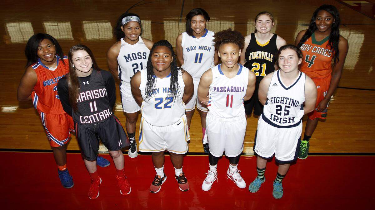 TIM ISBELL/SUN HERALDThe 2016 Sun Herald All-South Mississippi Girls Basketball team: left to right, Adyn Strickland, Jamaya Galloway, Jailin Cherry and Morgan McCrea. Back row, Aarmanii McDaniel, LaMiracle Sims, Simone Jackson, Casey Ferguson and Ameshya Williams. Not pictured are D.J. Blackston, Savannah Jones, Deona Morgan and Daphane White.