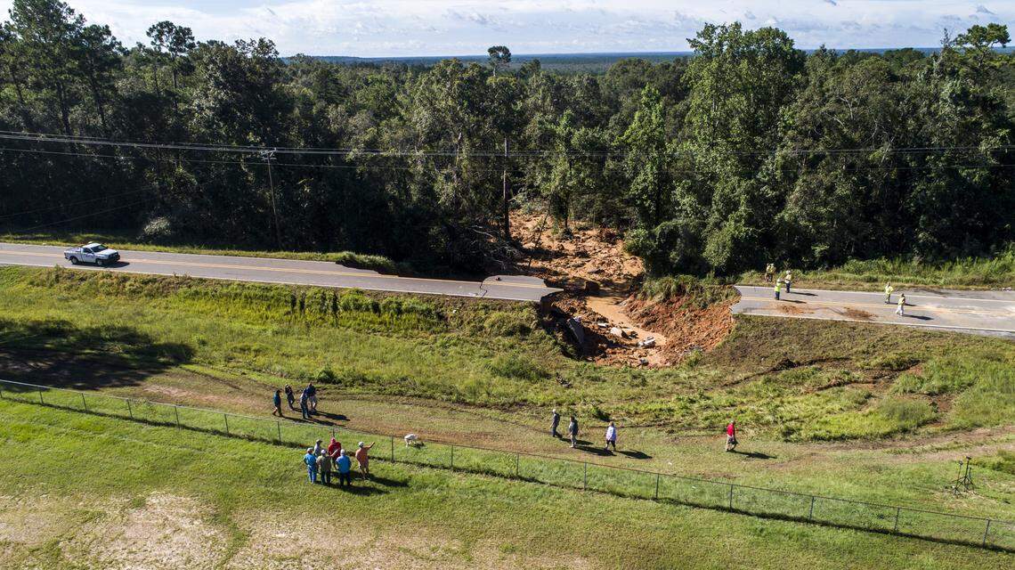A drone photograph shows the scene where a section Highway 26 collapsed late Monday night, due to heavy rains from Hurricane Ida in the Benndale community in George County, MS Tuesday, Aug. 31, 2021. Two people ere dead and 10 others were injured, three of them critically, the Mississippi Highway Patrol said Tuesday morning.