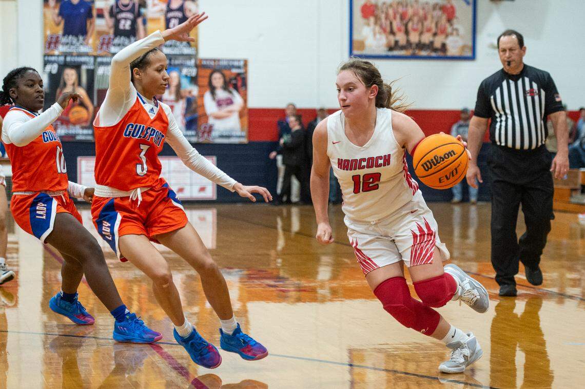 Hancock’s Brooklyn Cuevas dribbles the ball away from Gulfport during a game against Gulfport at Hancock High School in Kiln on Tuesday, Jan. 10, 2023.