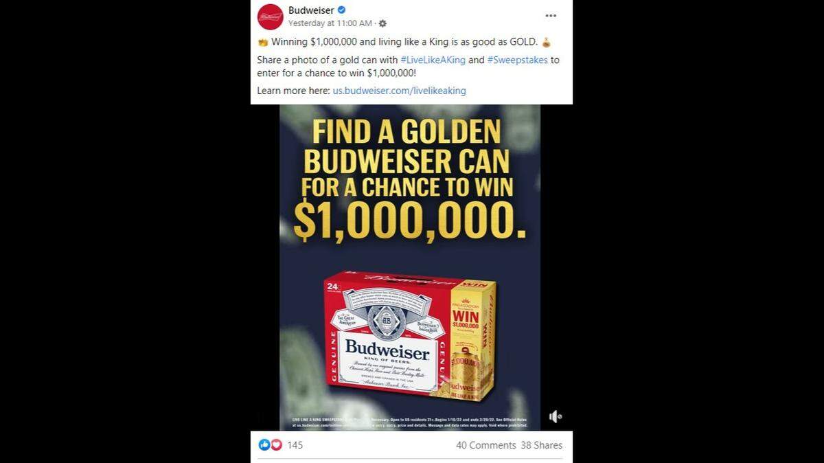 Budweiser is putting gold cans into specially marked packs of beer as part of its new “Live Like a King” sweepstakes. Fans have a shot at winning $1 million.