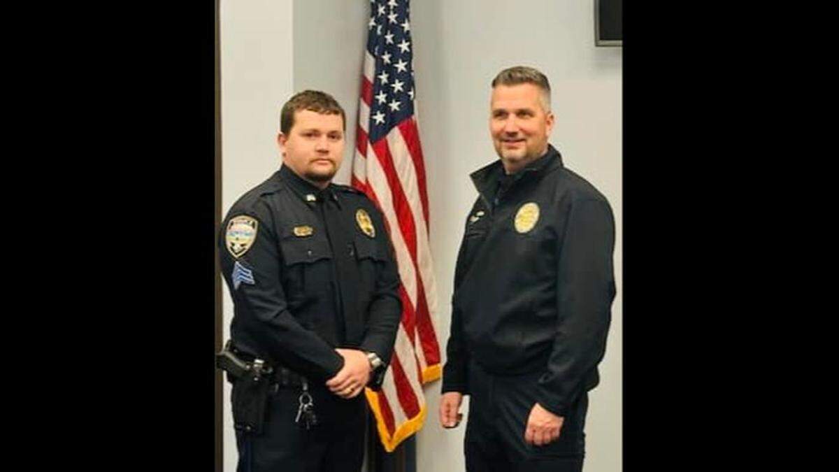 Sergeant Joseph Prine and Police Chief Adam Cooper in a photo posted to the Gulfport Police Department’s Facebook page in 2024, when Prine was promoted.