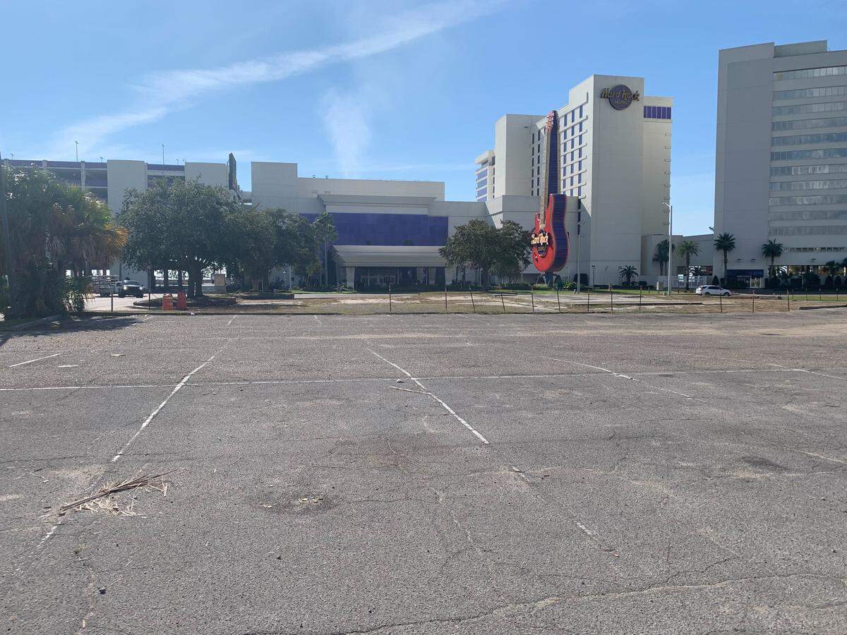 This lot empty for 20 years since Hurricane Katrina, soon will be the site of Sharkheads Downtown, across the street from the iconic Hard Rock guitar sign in Biloxi.