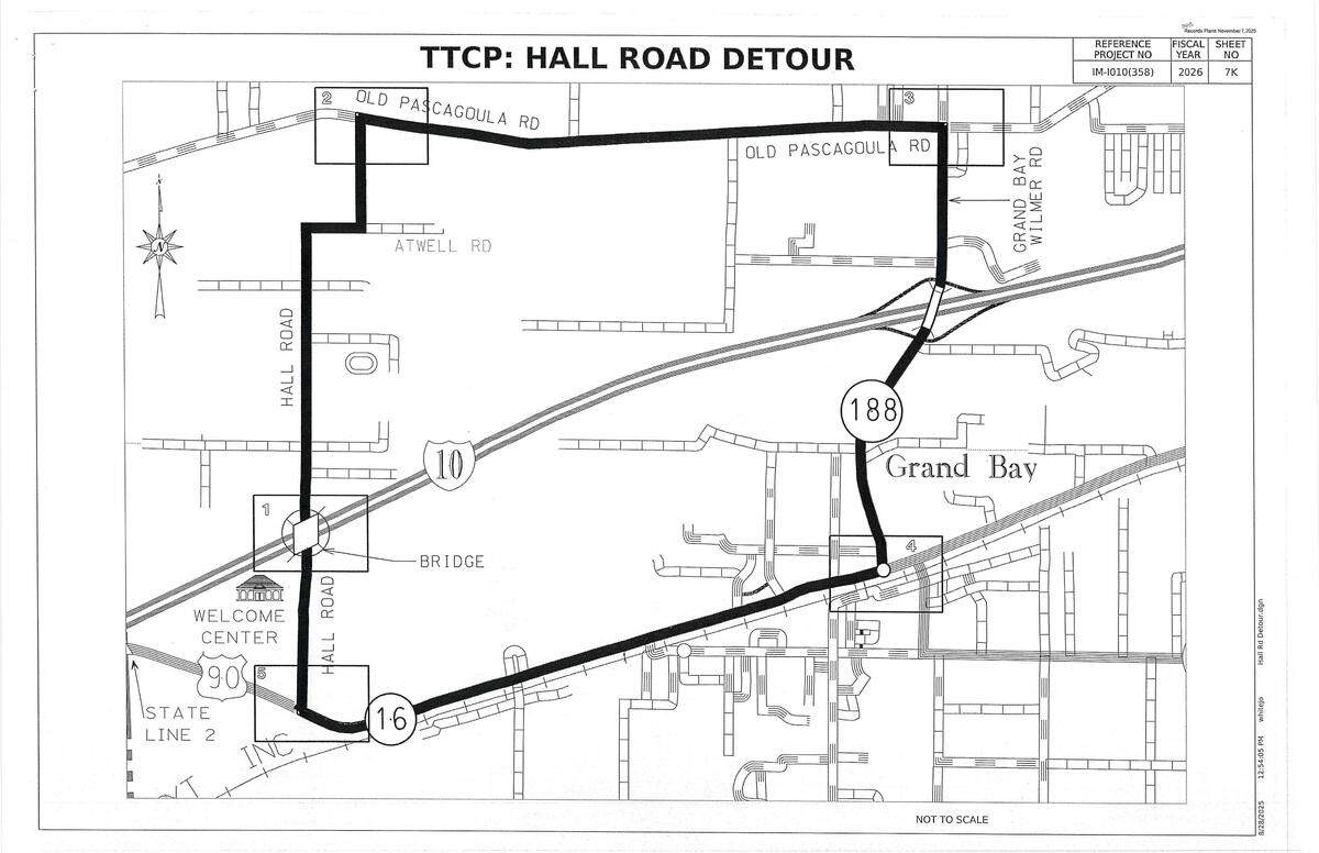 A detour will be in place on I-10 just over the state line in Alabama while the road is resurfaced and a bridge is raised.