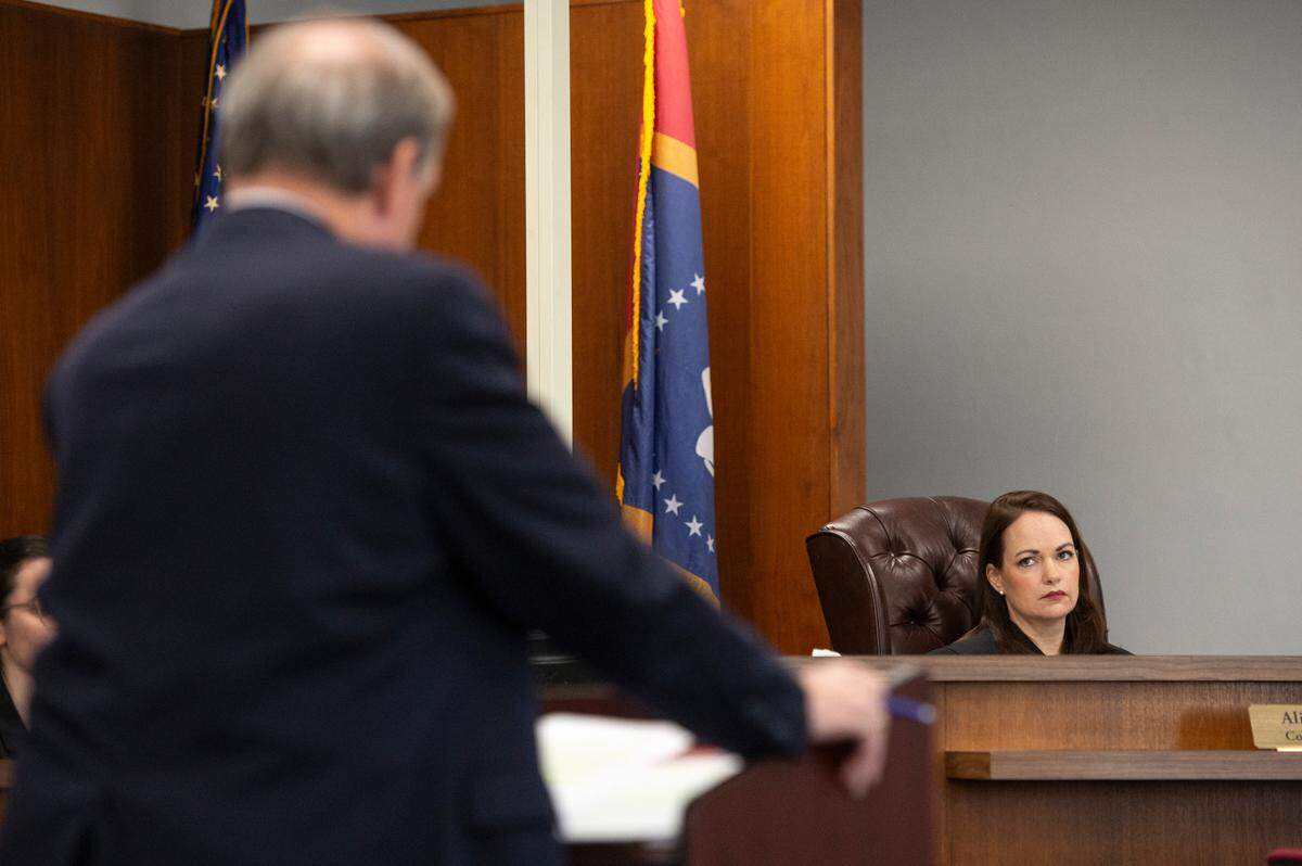Judge Alison Baker listens as prosecutor Herman Cox asks Lance Miller, an investigator with the Biloxi Police Department, questions during the probable cause hearing of Summer Rose Hill, who is accused of capital murder in her 6-month-old daughter’s death, at County Court in Biloxi on Thursday, Oct. 17, 2024.