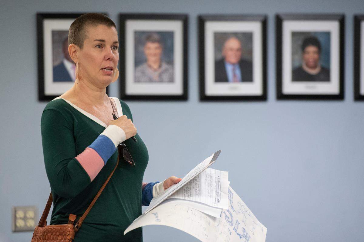 Mississippi Rising Coalition President Lea Campbell asks the Harrison County School Board to make changes to their dress code during a Harrison County School Board meeting at the Central Office in Gulfport on Monday, June 5, 2023.