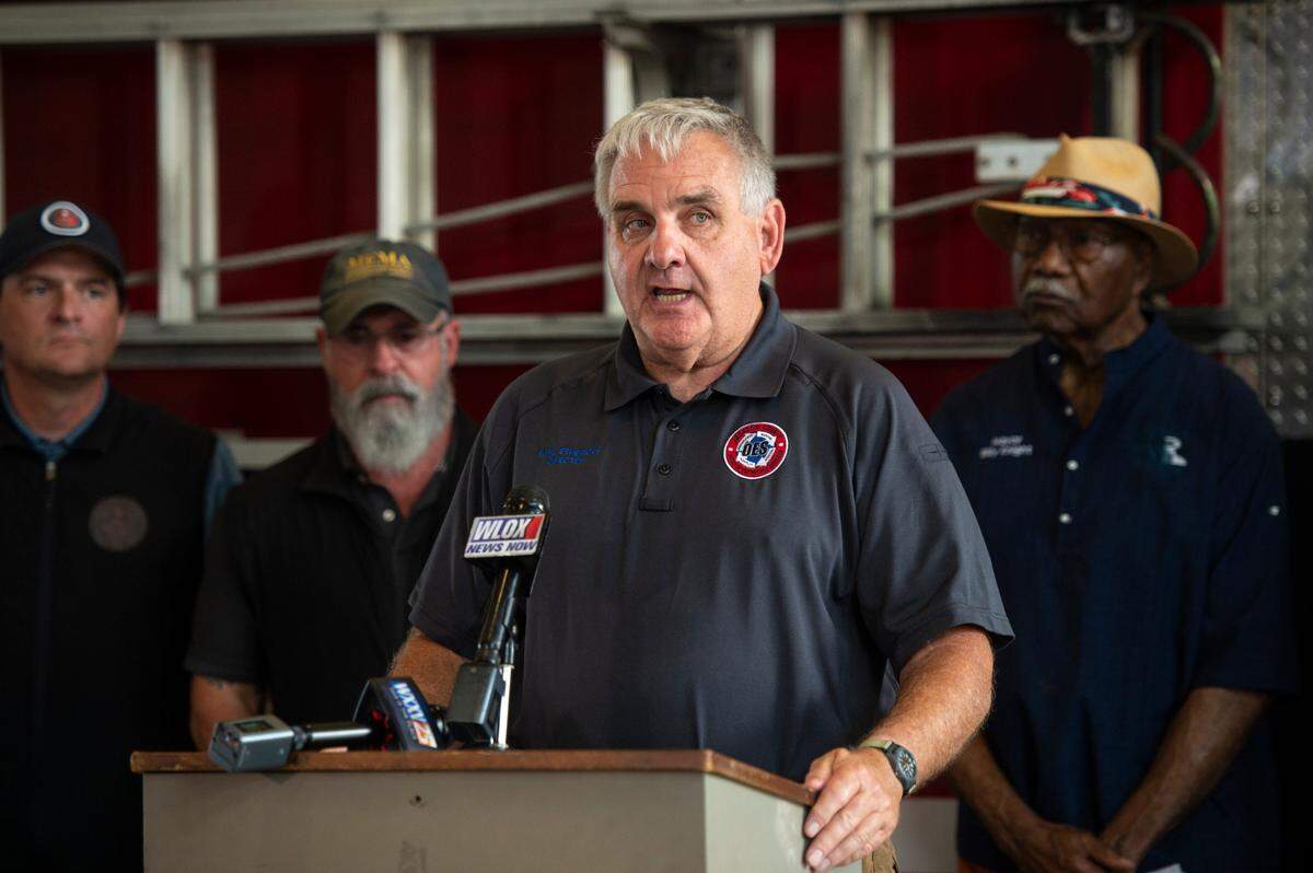Jackson County Emergency Manager Earl Etheridge speaks to the press during a press conference at the Moss Point Fire Department on Wednesday, June 21, 2023, following a tornado that hit the town on Monday.