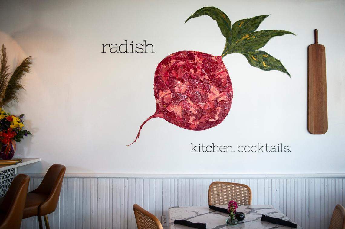 A radish by local artist Leanna Garcia decorates the wall of Radish, Long Beach’s newest restaurant.
