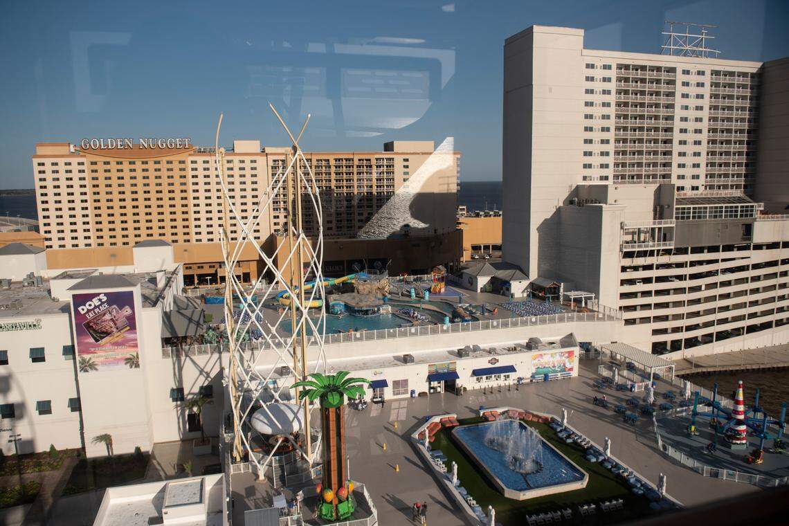The view from The Biloxi Tide-Turner, the Ferris wheel at the new Paradise Pier amusement park at Margaritaville, shows the amusement park and water park. There’s also an indoor arcade.