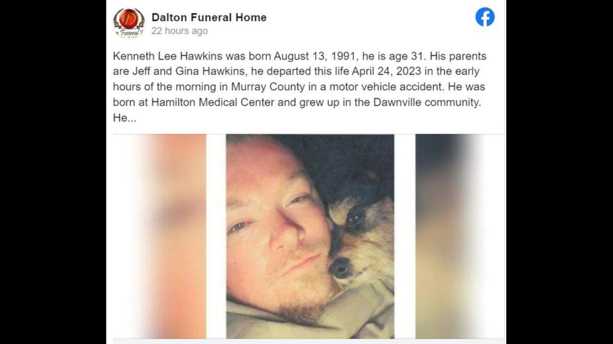 Kenneth Lee Hawkins, 31, was killed in a crash with a tow truck after someone stole the vehicle from his home in Murray County, GA, on April 24, state troopers say.