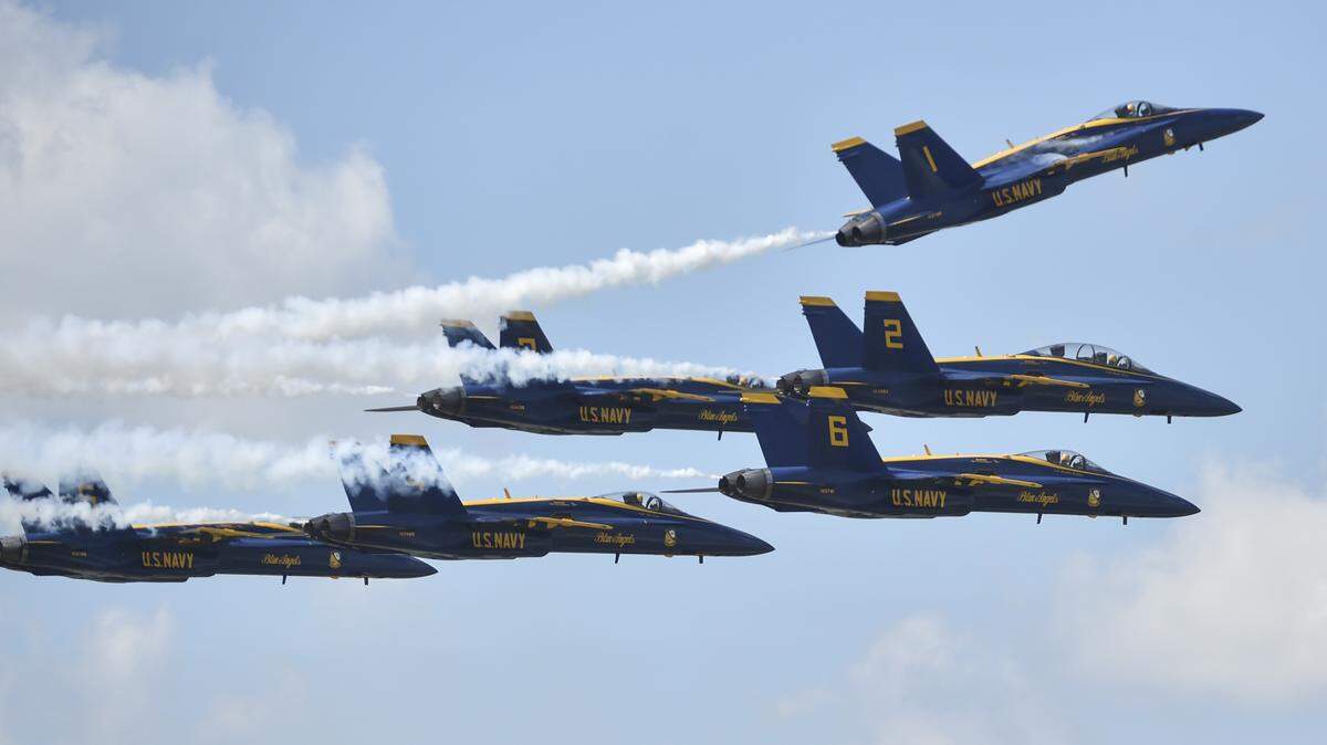 The Blue Angels, shown here performing during an air show in Dayton, Ohio, will be flying down the beach in Biloxi on Saturday and Sunday.