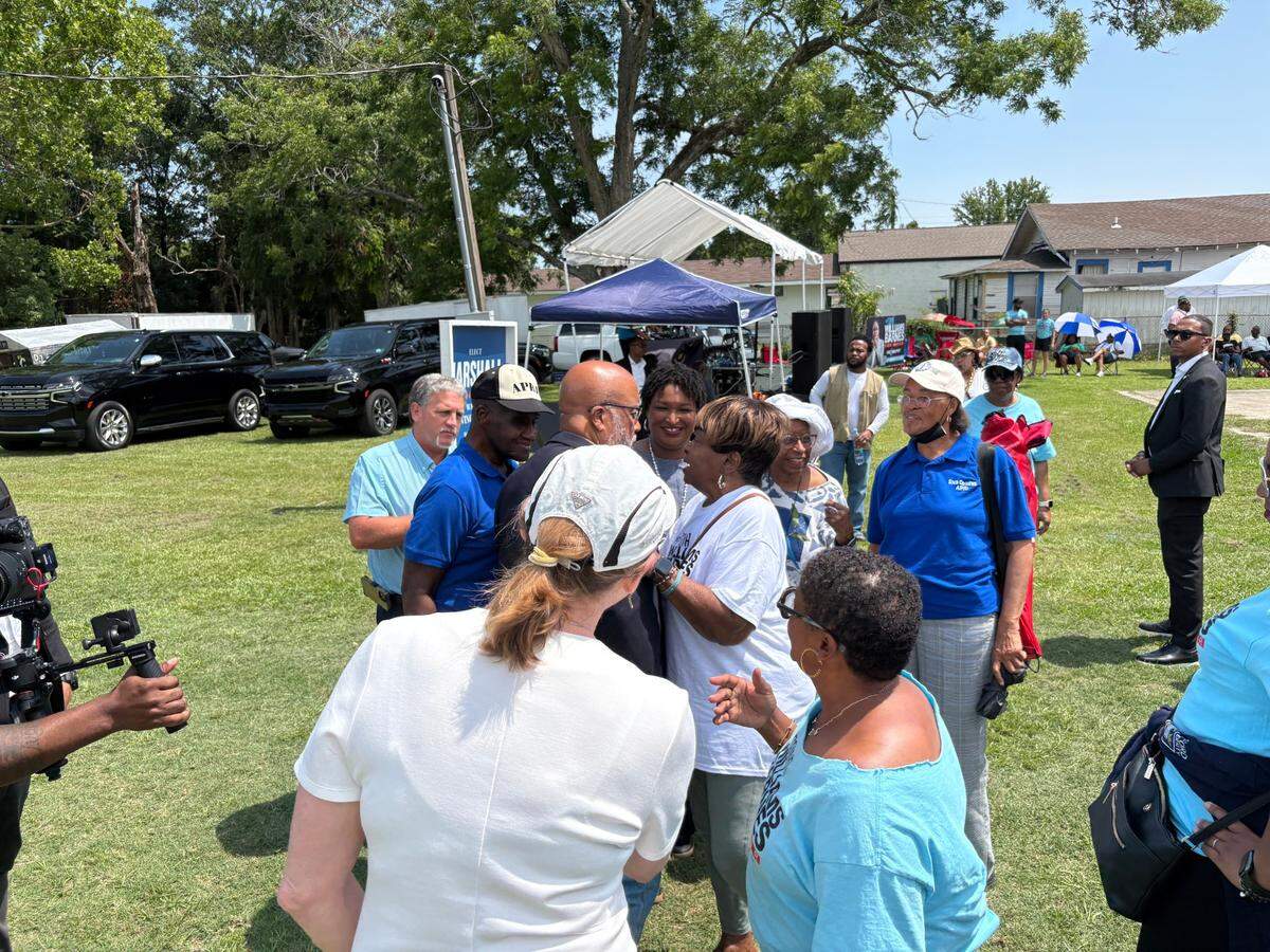 Gulfport mayoral candidate Sonya Williams Barnes, U.S. Rep. Bennie Thompson and Democratic operative Stacey Abrams greet supporters before speaking at a campaign event on Sunday, June 1, 2025. 