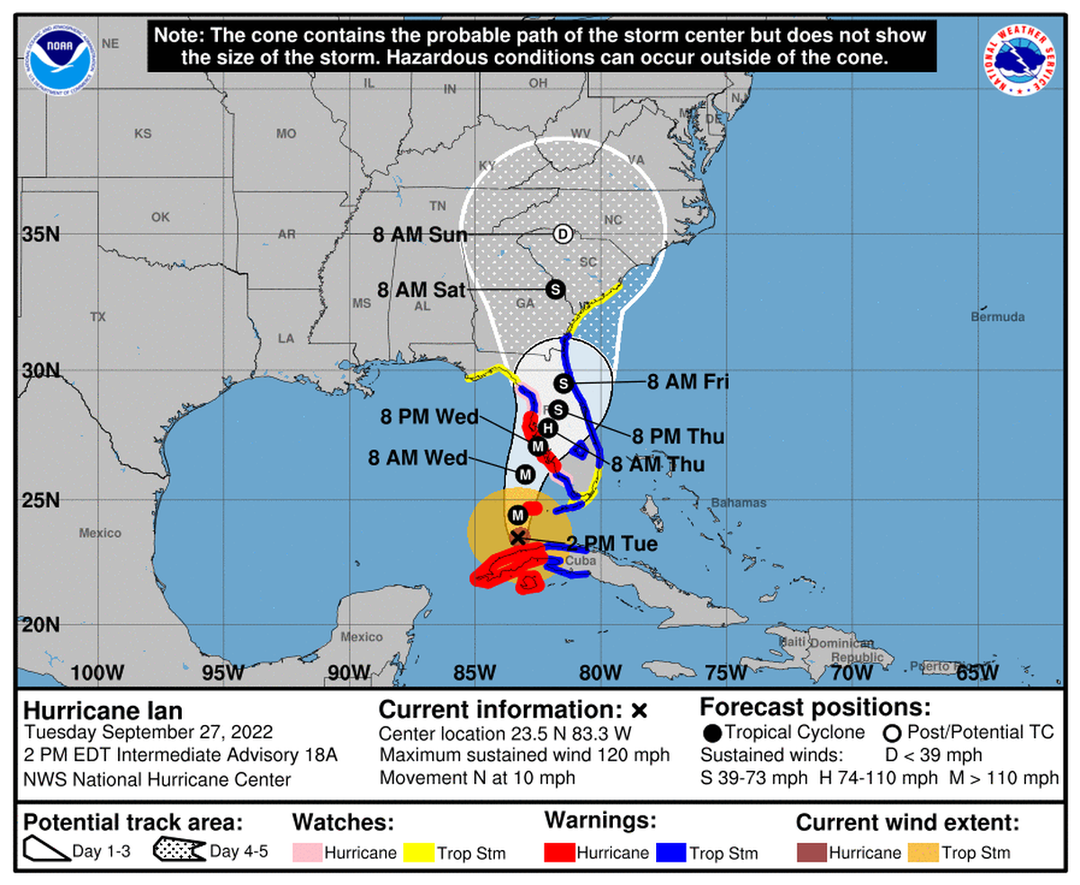 The 5 p.m. ET storm track from the National Hurricane Center Tuesday shows Hurricane Ian is expected to make landfall on the west central coast of Florida Thursday. The track has moved slightly south through the day.