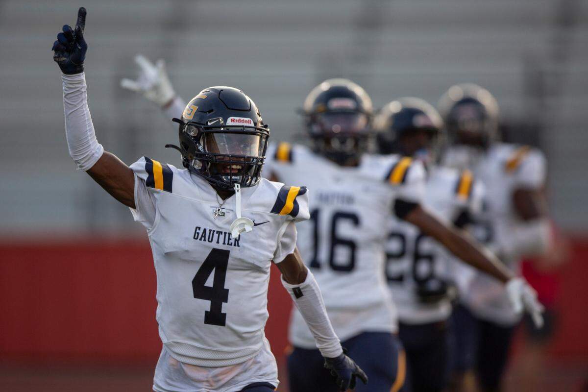 Gautier reacts to a recovered fumble during a Jamboree game at Biloxi High School on Friday, Aug. 18, 2023.