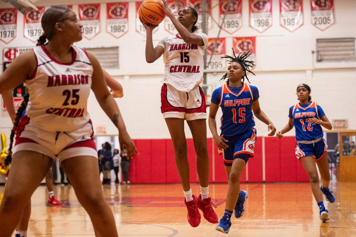 Harrison Central’s Anaisha Carriere shoots the ball during a game against Gulfport at Harrison Central High School in Gulfport on Friday, Feb. 4, 2022.