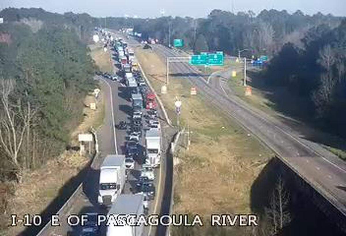 A Mississippi Department of Transportation camera shows backups at 5 p.m. Tuesday on Interstate 10 at the Pascagoula River Bridge.